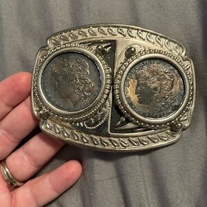 Vintage 1888 & 1921 silver dollar belt buckle!